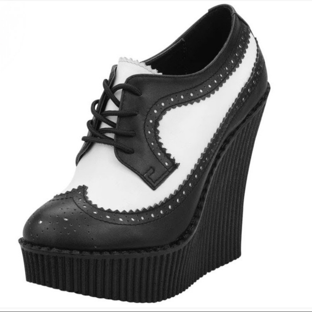 T.U.K Black & White Punk Platform Brogue Leather Wingtip Oxford Creeper Wedge